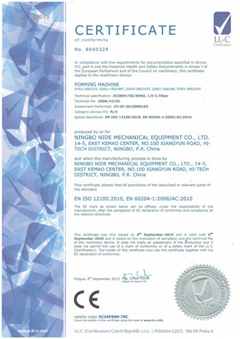 China NINGBO NIDE MECHANICAL EQUIPMENT CO.,LTD Certificaciones
